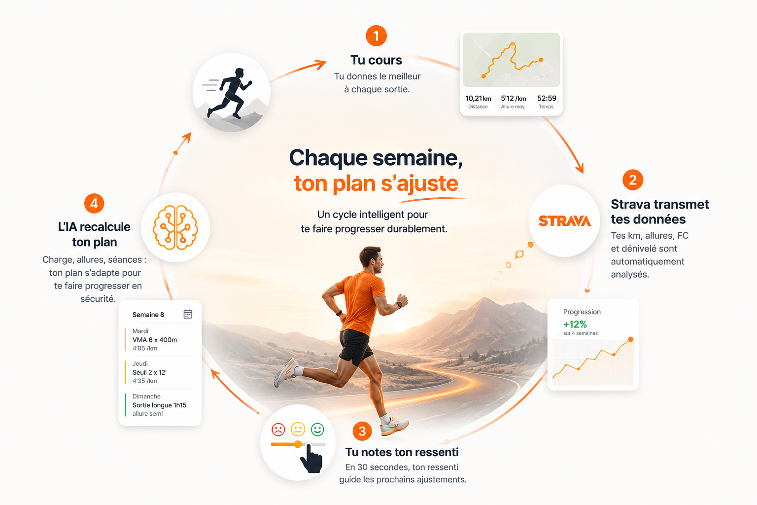 Boucle d'adaptation : questionnaire → plan → Strava → ressenti → recalcul